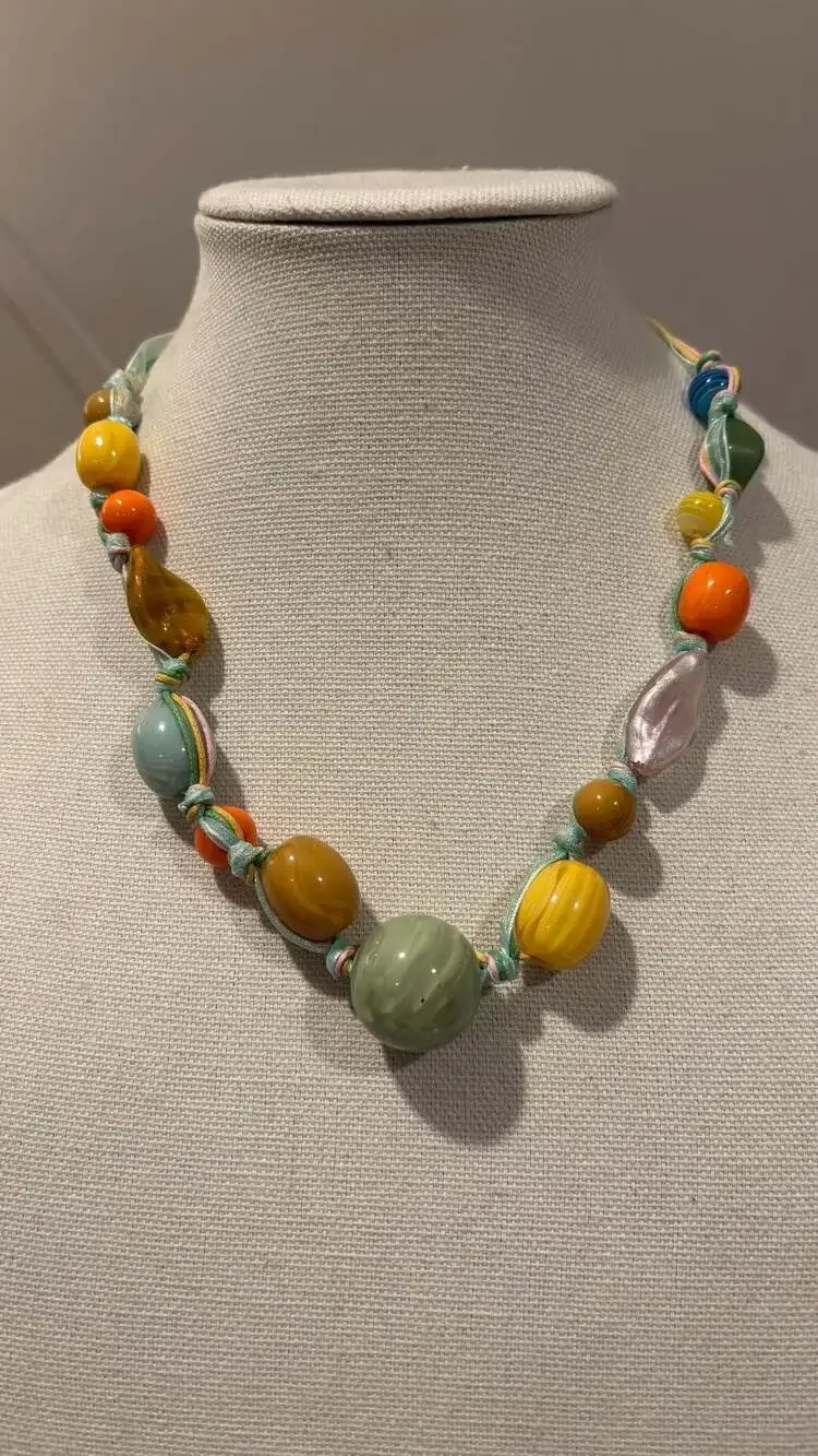 Bohemian Multi-Color Resin Glass Bead Statement Necklace Ribbon Cord